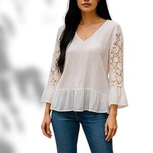 Doe + Ray Lace Sleeve Peplum Blouse – Size Large, 100% Cotton, White